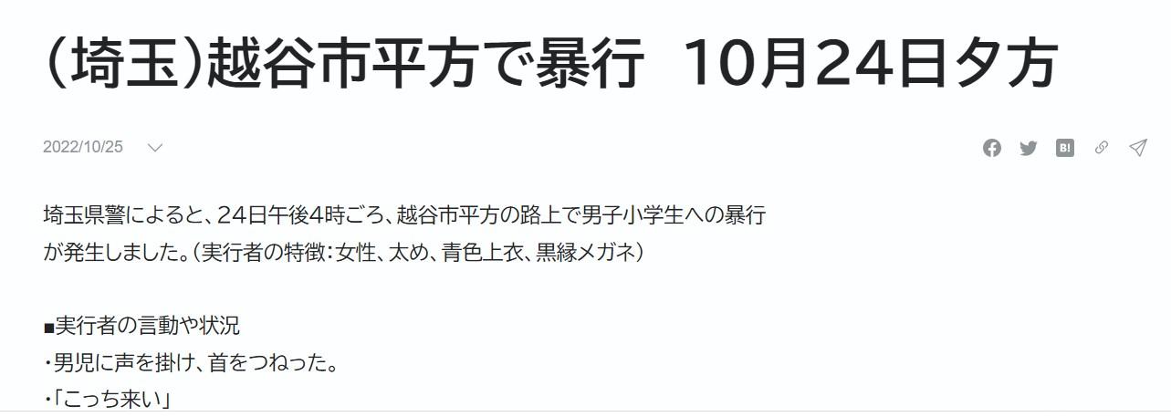 (埼玉)越谷市平方で暴行 10月24日夕方-10/26
